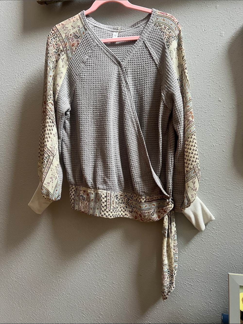 Waffle-Knit Tan Wrap Blouse with Cream Paisley Trim